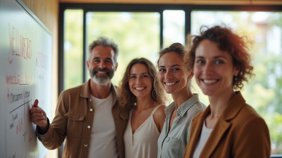 Smiling diverse team of wellness experts, looking approachable and collaborative in a light-filled office