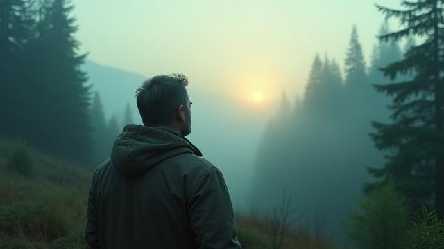 Thoughtful man looking at sunrise over a Pacific Northwest forest