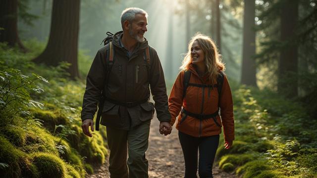 Couple hiking in a misty Pacific Northwest forest