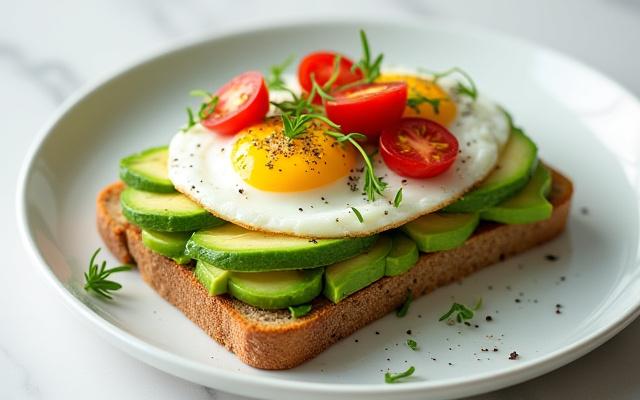 Artfully plated avocado toast topped with cherry tomatoes, everything bagel seasoning, and a sprinkle of microgreens.