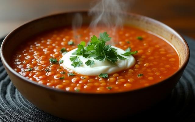 A hearty bowl of red lentil soup garnished with fresh parsley and a dollop of yogurt.