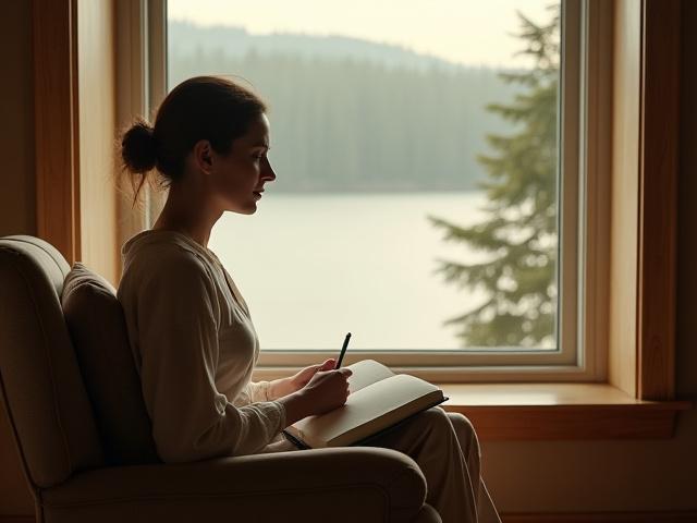 A serene woman (40s) journaling in a sunlit, cozy Pacific Northwest home, reflecting on her well-being.