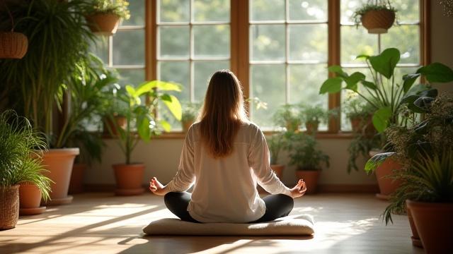 Woman meditating in a serene, plant-filled room