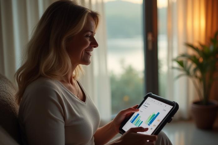 A serene woman aged 45-55 thoughtfully reviewing a personalized wellness dashboard on a tablet amidst a cozy, natural-light filled room.