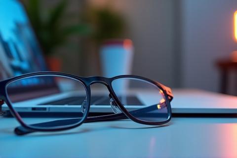 Stylish blue light blocking glasses resting on a laptop keyboard