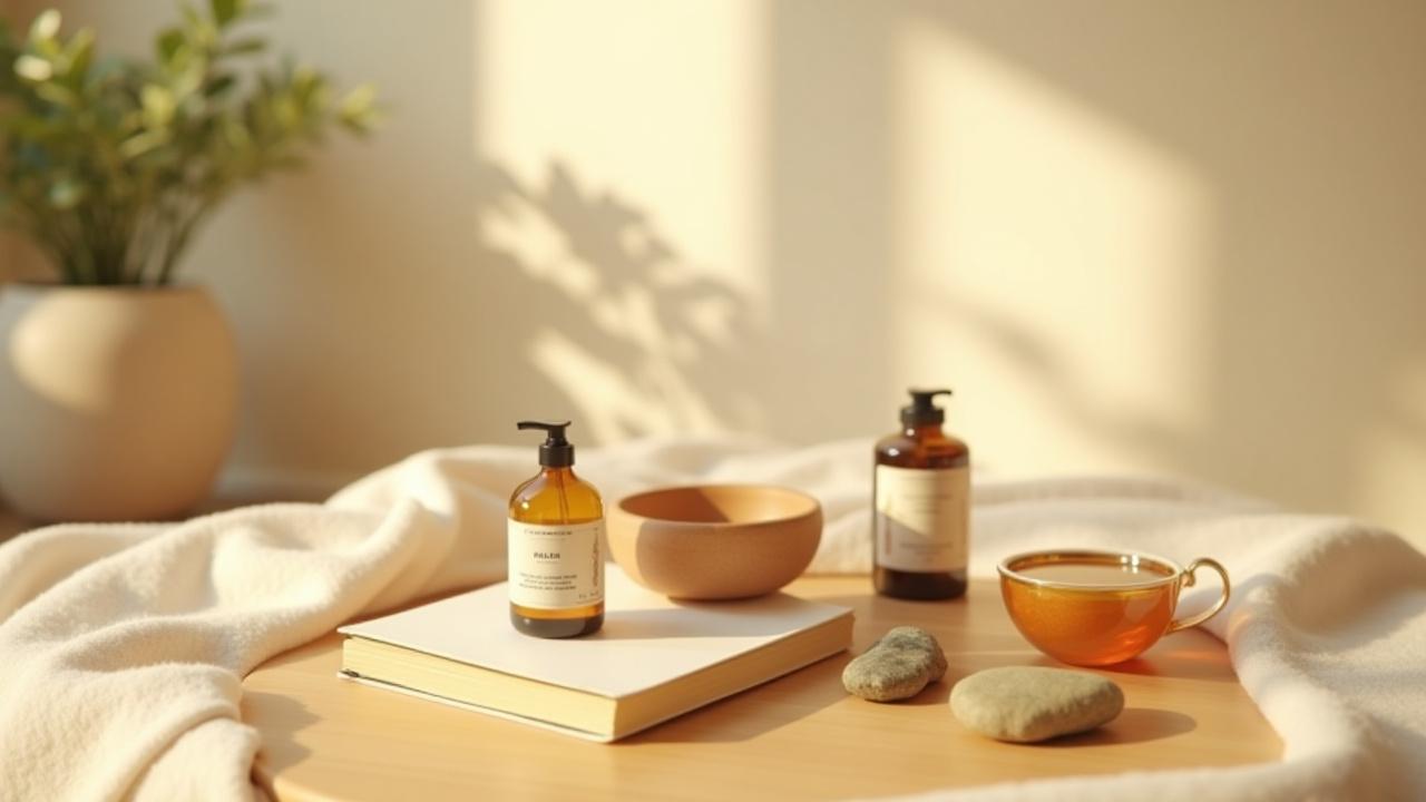 Artistically arranged wellness products in a tranquil home setting