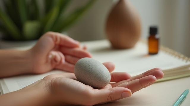A person meditating in a calming natural environment with a journal nearby