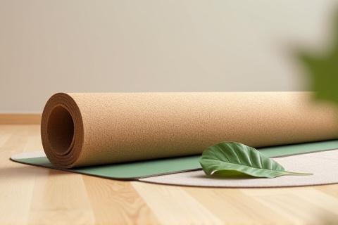 A rolled-up premium yoga mat on a polished wooden floor
