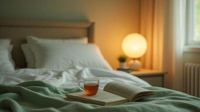 Image of a tranquil bedroom scene, soft lighting, for improved sleep workshop.