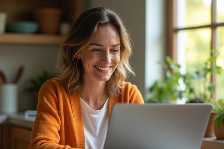 Woman smiling and engaged in a virtual call on her laptop, perhaps in a cozy kitchen or home office with natural light.